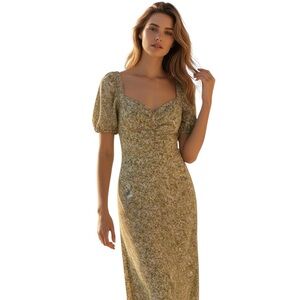 ASTR the Label Ruched Short Sleeve Midi Dress In Lime Pink Ditsy Size XS